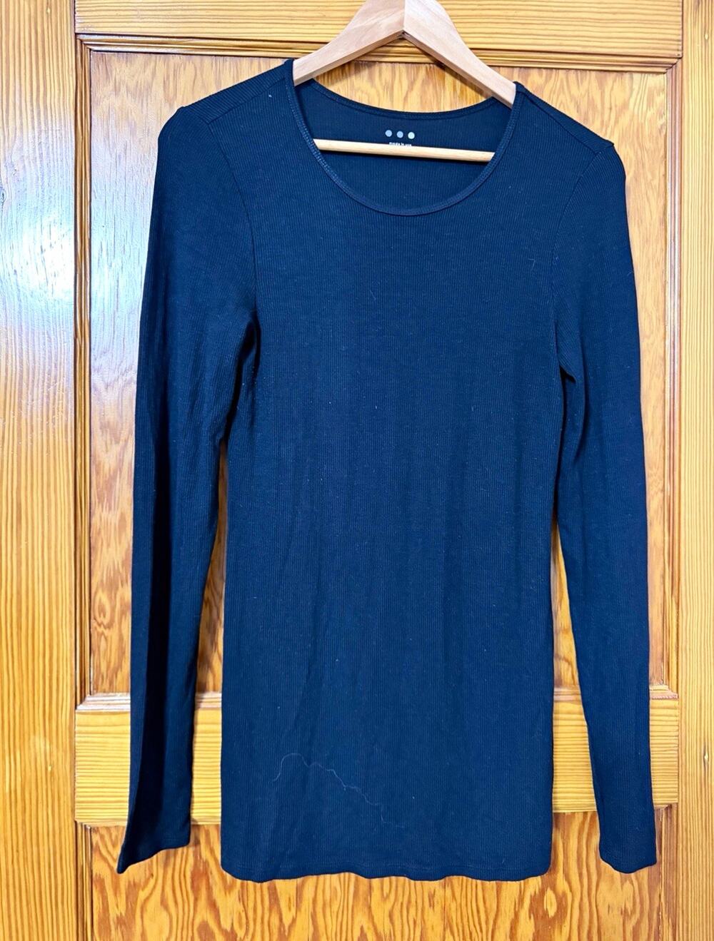 Three Dots Women’s Black Solid Ribbed Knit Scoop Neck Long Sleeve Top L